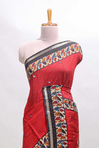 Red marsh mellow saree featuring mirror embroidery, contrast floral printed border & blouse