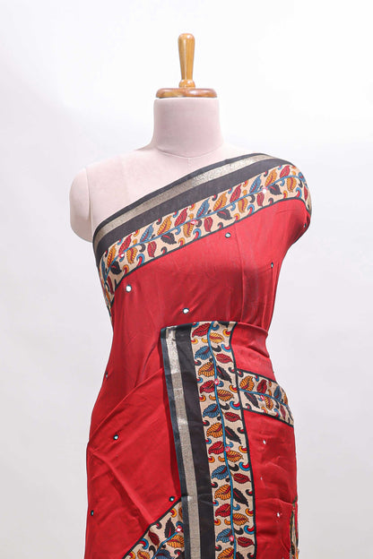 Red marsh mellow saree featuring mirror embroidery, contrast floral printed border & blouse