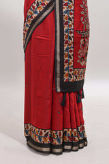Red marsh mellow saree featuring mirror embroidery, contrast floral printed border & blouse