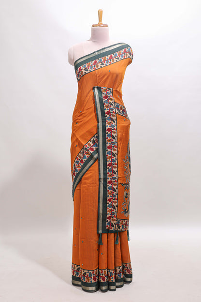 Orange marsh mellow saree featuring mirror embroidery, contrast floral printed border & blouse