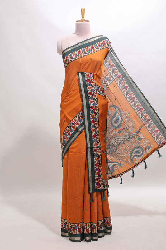 Orange marsh mellow saree featuring mirror embroidery, contrast floral printed border & blouse