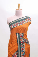 Orange marsh mellow saree featuring mirror embroidery, contrast floral printed border & blouse