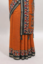 Orange marsh mellow saree featuring mirror embroidery, contrast floral printed border & blouse