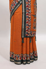 Orange marsh mellow saree featuring mirror embroidery, contrast floral printed border & blouse