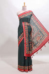 Green marsh mellow saree featuring mirror embroidery, contrast floral printed border & blouse
