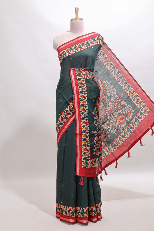 Green marsh mellow saree featuring mirror embroidery, contrast floral printed border & blouse
