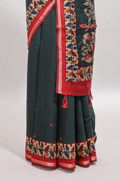 Green marsh mellow saree featuring mirror embroidery, contrast floral printed border & blouse