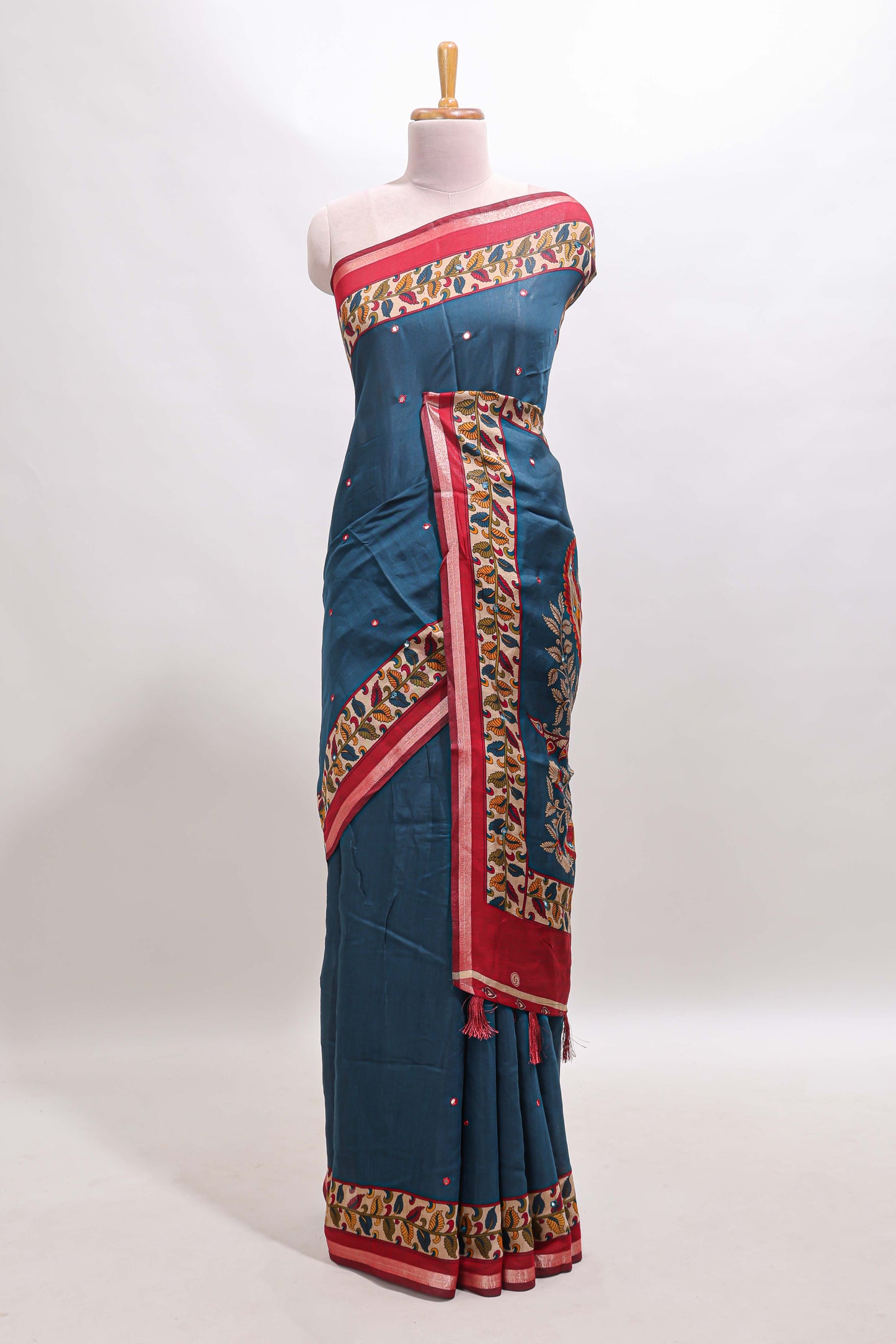 Blue marsh mellow saree featuring mirror embroidery, contrast floral printed border & blouse