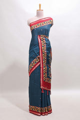 Blue marsh mellow saree featuring mirror embroidery, contrast floral printed border & blouse