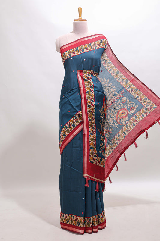 Blue marsh mellow saree featuring mirror embroidery, contrast floral printed border & blouse