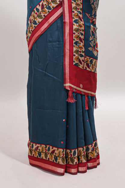 Blue marsh mellow saree featuring mirror embroidery, contrast floral printed border & blouse
