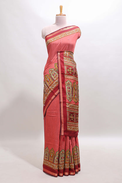 Peach printed marsh mellow saree with contrast floral border and tassel pallu