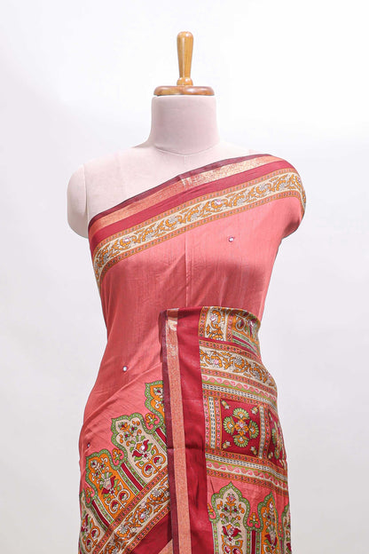Peach printed marsh mellow saree with contrast floral border and tassel pallu