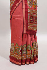 Peach printed marsh mellow saree with contrast floral border and tassel pallu
