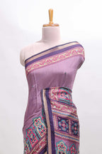 Purple printed marsh mellow saree with contrast floral border and tassel pallu