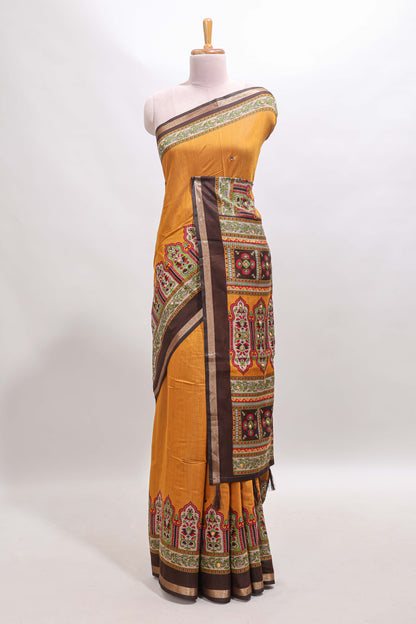 Mustard printed marsh mellow saree with contrast floral border and tassel pallu