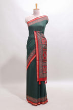 Green embroidery mirror work marsh mellow saree with contrast border and printed blouse