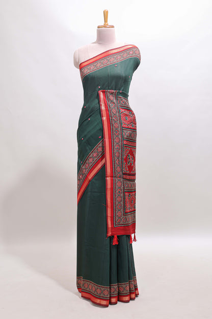 Green embroidery mirror work marsh mellow saree with contrast border and printed blouse
