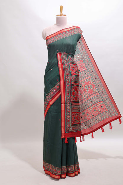 Green embroidery mirror work marsh mellow saree with contrast border and printed blouse