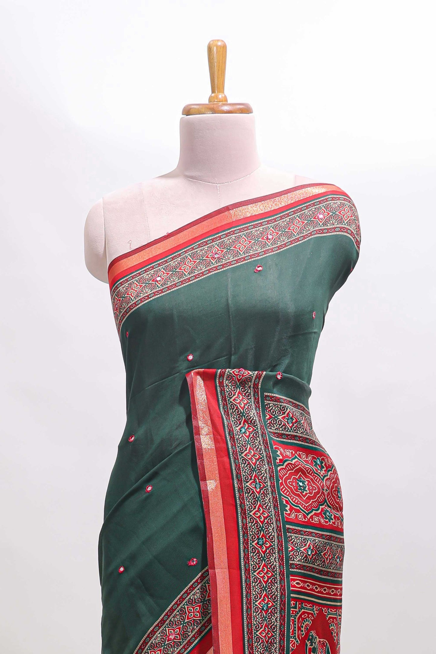 Green embroidery mirror work marsh mellow saree with contrast border and printed blouse
