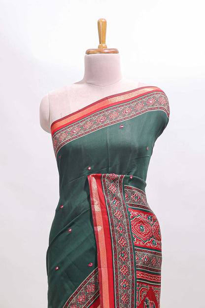 Green embroidery mirror work marsh mellow saree with contrast border and printed blouse