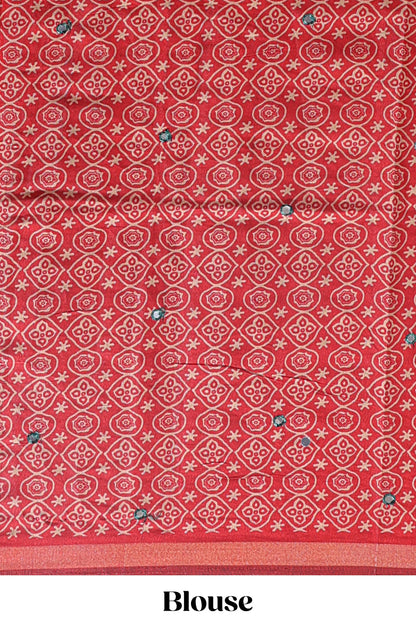 Green embroidery mirror work marsh mellow saree with contrast border and printed blouse