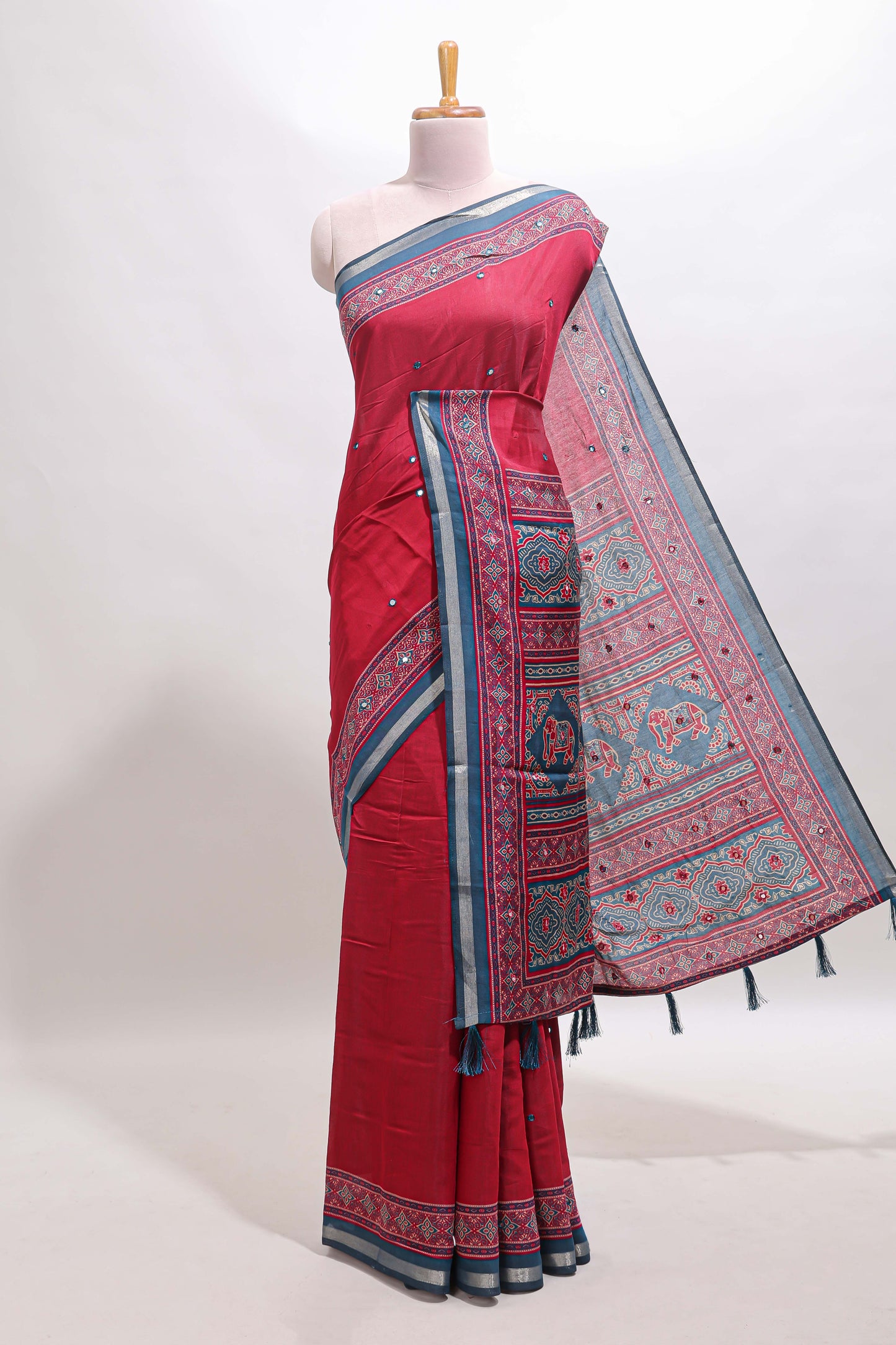 Maroon embroidery mirror work marsh mellow saree with contrast border and printed blouse