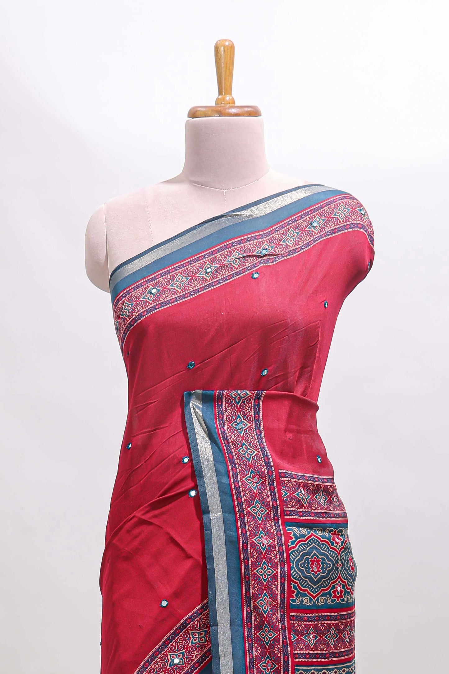 Maroon embroidery mirror work marsh mellow saree with contrast border and printed blouse