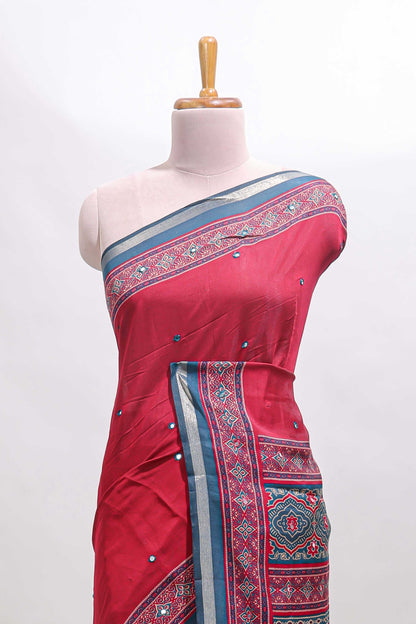 Maroon embroidery mirror work marsh mellow saree with contrast border and printed blouse