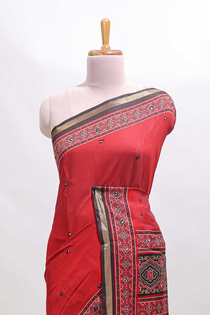 Red embroidery mirror work marsh mellow saree with contrast border and printed blouse