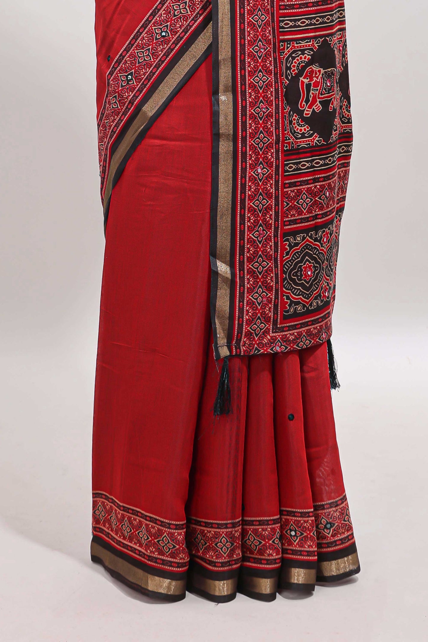 Red embroidery mirror work marsh mellow saree with contrast border and printed blouse