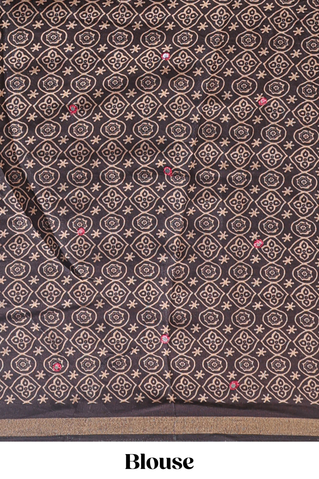 Red embroidery mirror work marsh mellow saree with contrast border and printed blouse