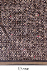 Red embroidery mirror work marsh mellow saree with contrast border and printed blouse