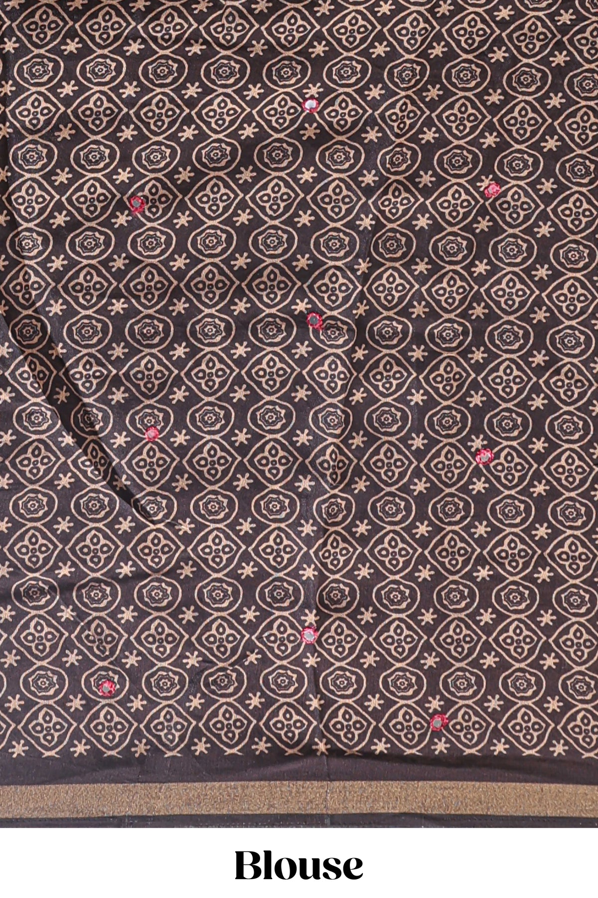 Red embroidery mirror work marsh mellow saree with contrast border and printed blouse