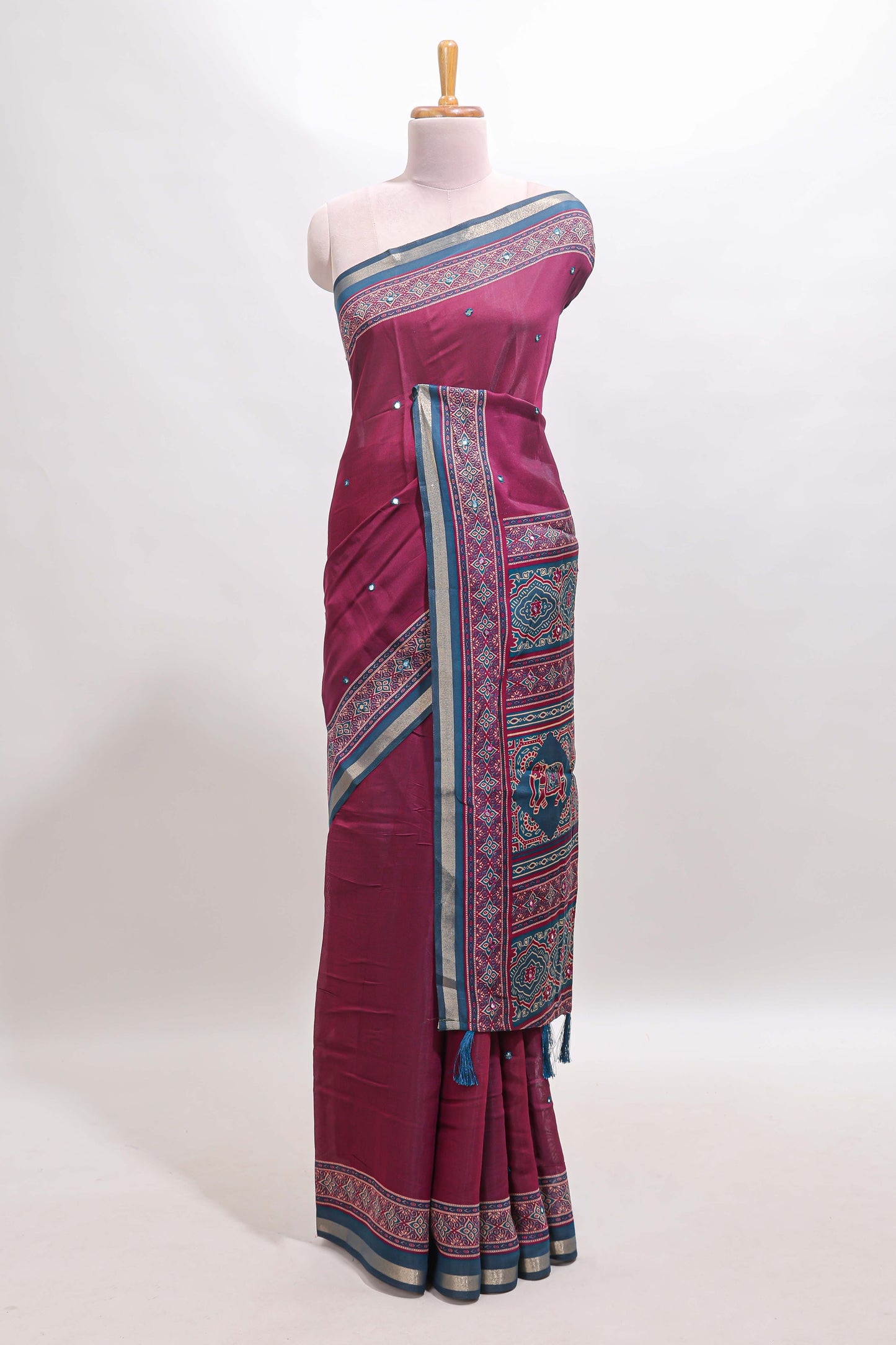 Purple embroidery mirror work marsh mellow saree with contrast border and printed blouse