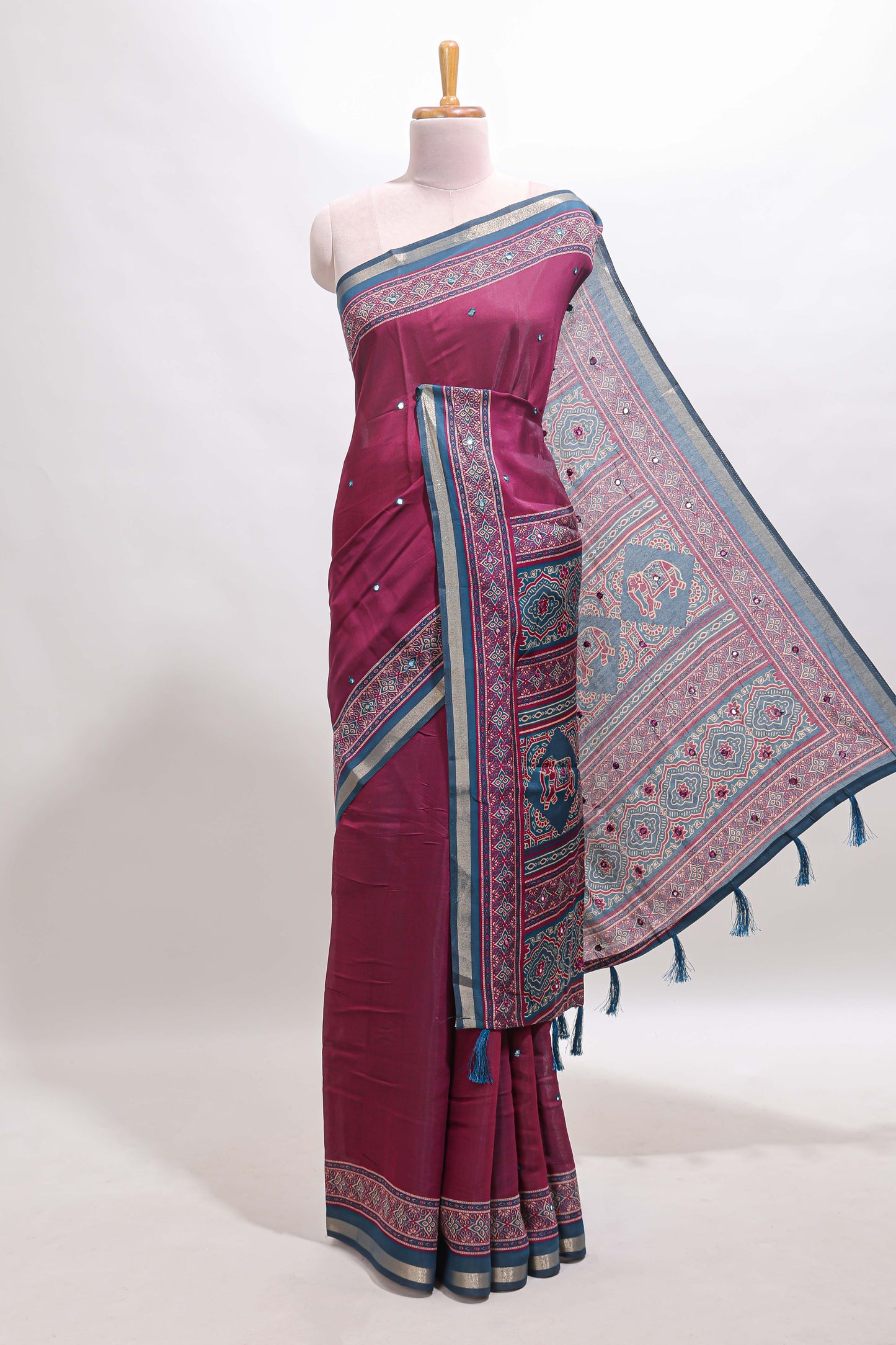 Purple embroidery mirror work marsh mellow saree with contrast border and printed blouse