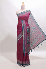 Purple embroidery mirror work marsh mellow saree with contrast border and printed blouse