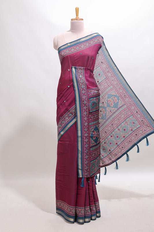 Purple embroidery mirror work marsh mellow saree with contrast border and printed blouse