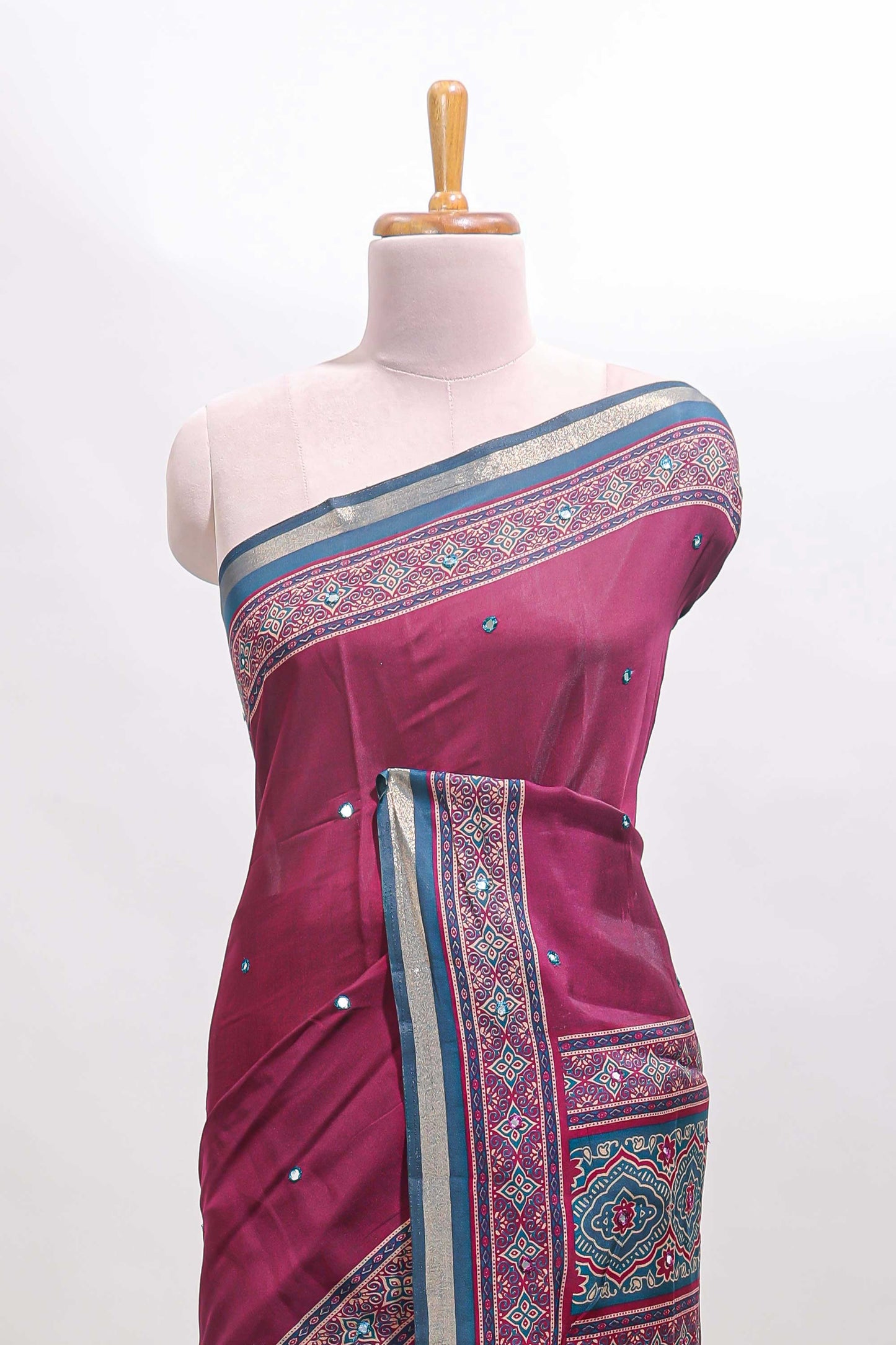 Purple embroidery mirror work marsh mellow saree with contrast border and printed blouse