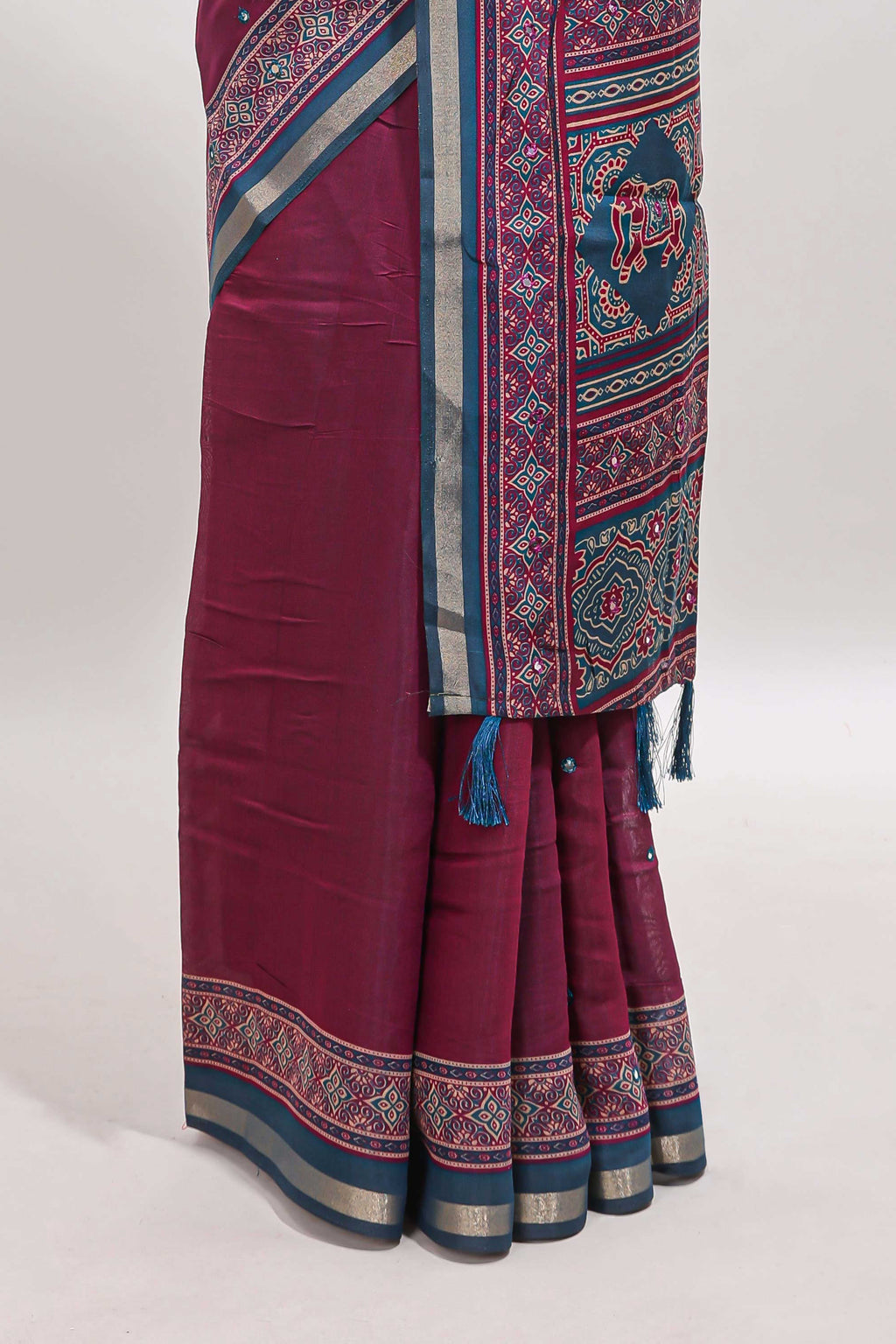 Purple embroidery mirror work marsh mellow saree with contrast border and printed blouse