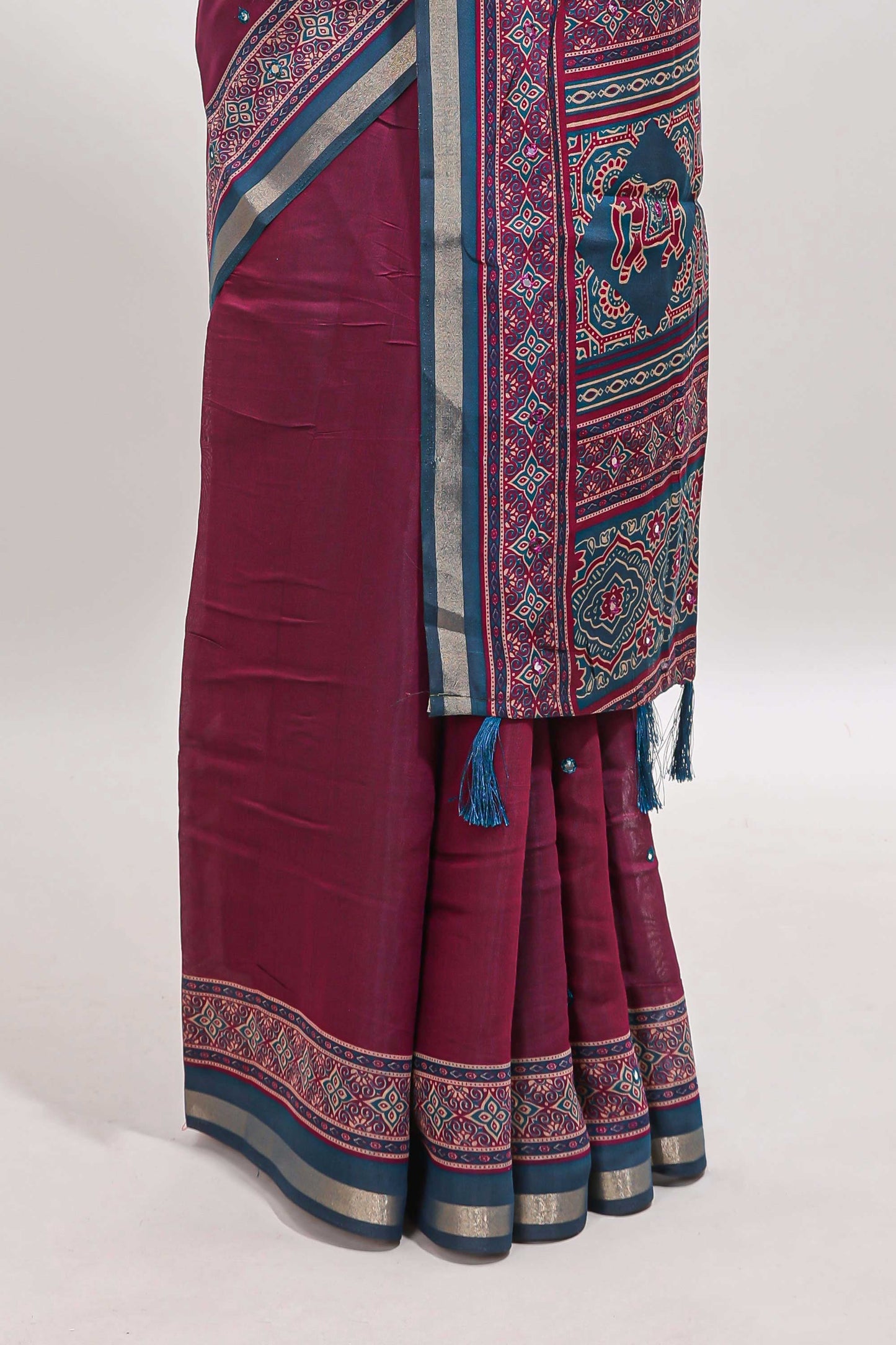 Purple embroidery mirror work marsh mellow saree with contrast border and printed blouse