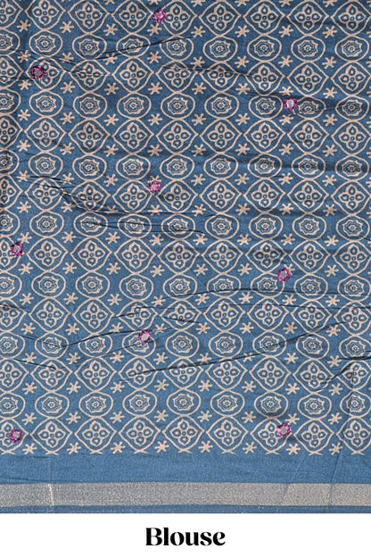 Purple embroidery mirror work marsh mellow saree with contrast border and printed blouse
