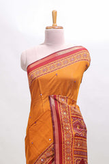 Mustard embroidery mirror work marsh mellow saree with contrast border and printed blouse