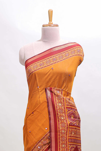 Mustard embroidery mirror work marsh mellow saree with contrast border and printed blouse