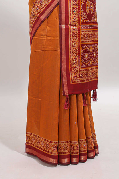 Mustard embroidery mirror work marsh mellow saree with contrast border and printed blouse