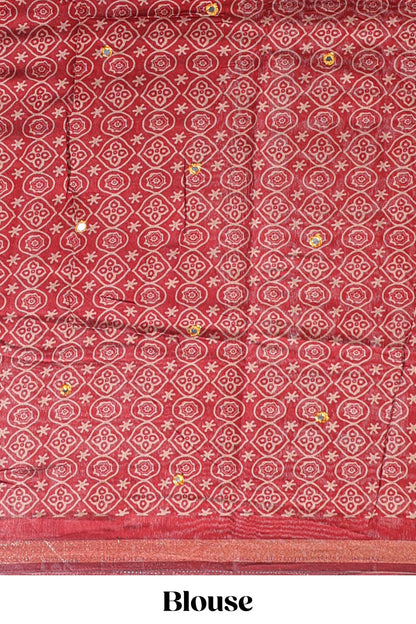 Mustard embroidery mirror work marsh mellow saree with contrast border and printed blouse