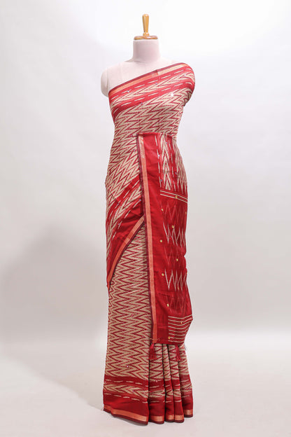 Beige chevron embroidery mirror work marsh mellow saree with contrast red border and printed blouse