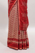 Beige chevron embroidery mirror work marsh mellow saree with contrast red border and printed blouse