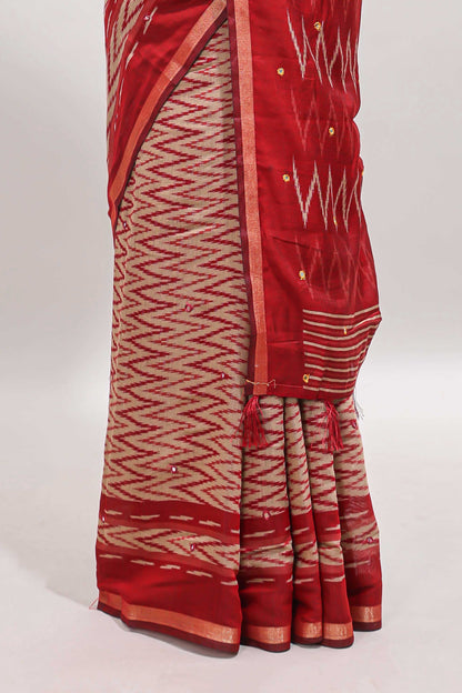 Beige chevron embroidery mirror work marsh mellow saree with contrast red border and printed blouse