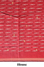 Beige chevron embroidery mirror work marsh mellow saree with contrast red border and printed blouse
